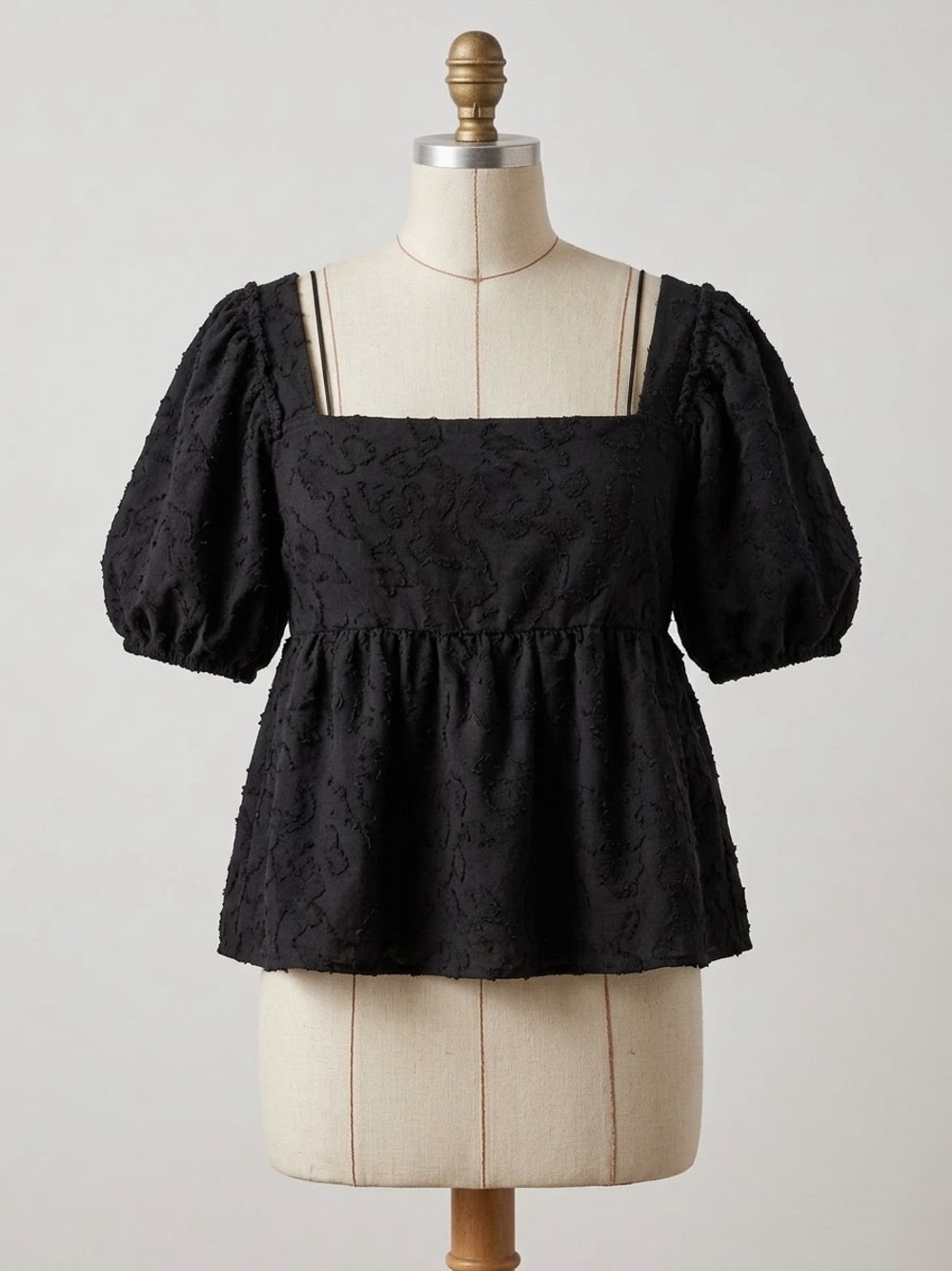 Anthropologie Black Textured Puff Sleeve Babydoll Top Sq Neck Sz M